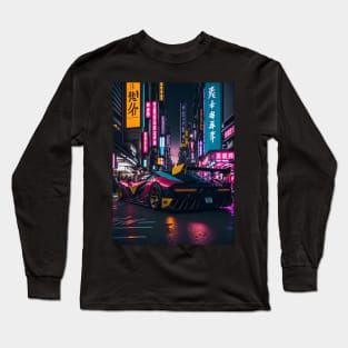 Dark Neon Sports Car in Japanese Neon City Long Sleeve T-Shirt